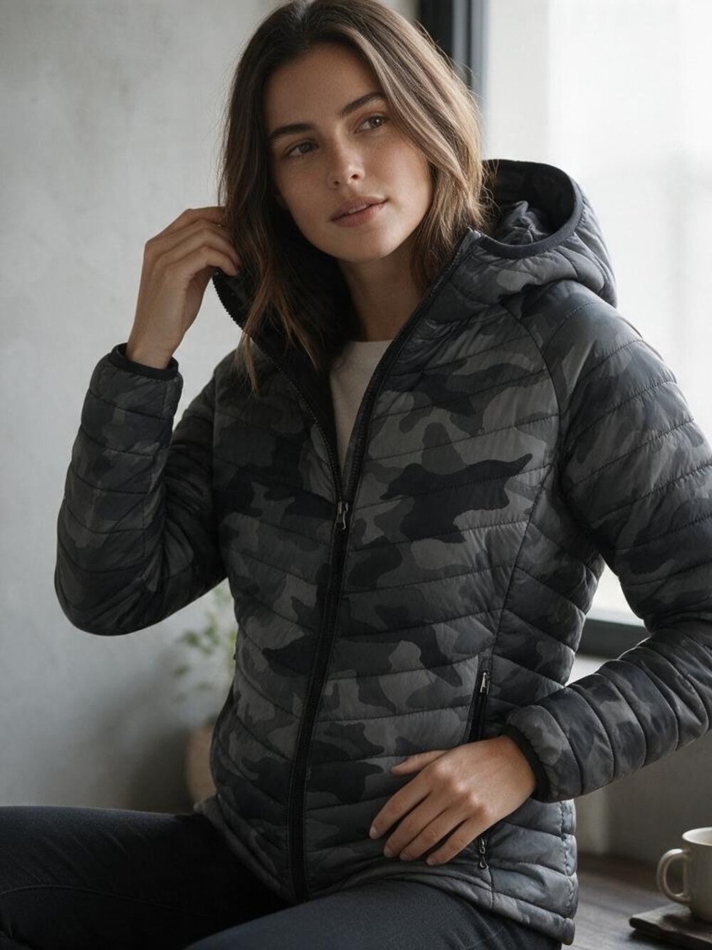 Columbia Powder Lite Camo Hooded Puffer Jacket Omni-Heat Grey Black Medium